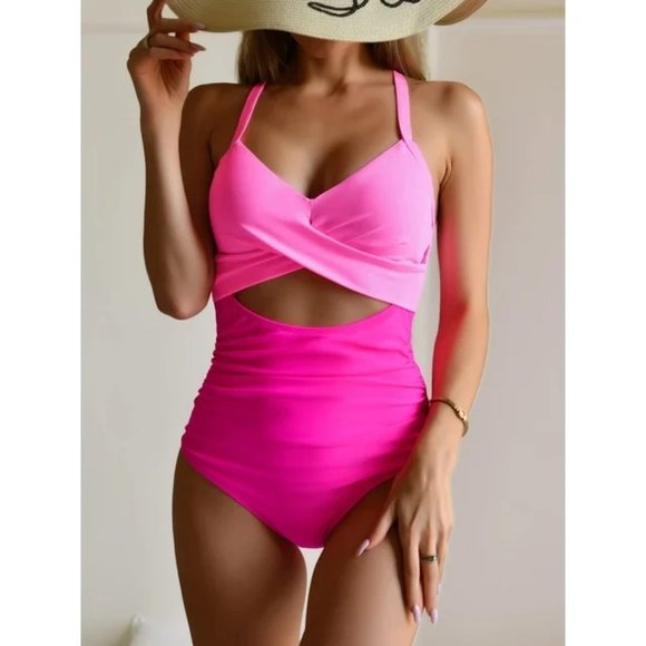 NWT EoMENIE - One Piece Swimsuit Cut Out Swimwear High Waist Monokini - Pink - Picture 4 of 11